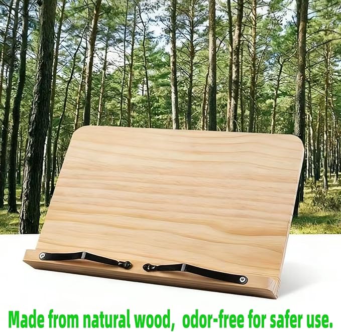 Bamboo Book Stand, Adjustable Reading Rest Holder, Natural Wood, Desktop Document Stand for Reading, Cooking (11x7.9inch)
