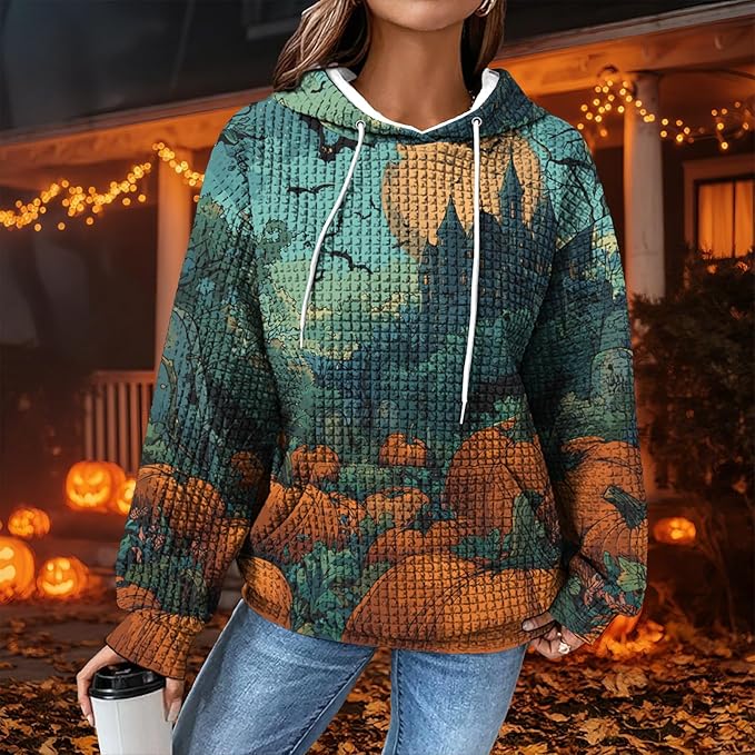 Halloween Sweatshirts for Women Novelty Graphic Drawstring Waffle Hoodies Loose Casual Pullover Tops with Pocket