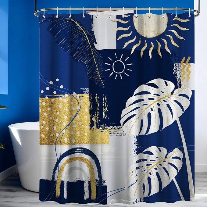 Blue and White Mid Century Modern Shower Curtain Bohemian Abstract Navy Blue and Gold Shower Curtains for Bathroom Decor Sets, Waterproof Cloth Fabric with Hooks, 72x84 Inch