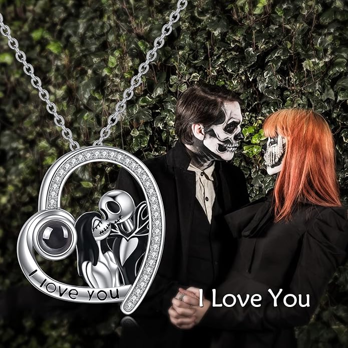 LILALO Christmas Gifts Nightmare Necklace Sterling Silver Abalone Shell Crystal Jack and Sally Necklace Jack Skellington Skull Jewelry Skull Necklaces for Women