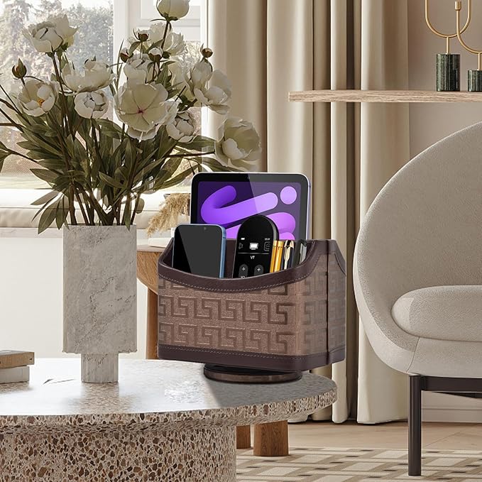 RHCSZ Leather Remote Control Holder 360°Rotatable,Bedside Nightstand Phone Caddy,Office Supplies Storage Box,Desk Organizer for TV Remote Controllers,CD,Pen,Mail,Media Player,Tablets(Coffee Gold)