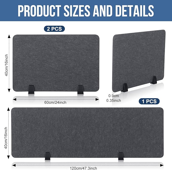 Yaomiao 3 Pcs Acoustic Desk Divider Soundproof Desk Privacy Panel Freestanding Desk Partitions Sound Absorbing for Students Office Reduce Noise Visual Distractions (47.3 x 16", 24 x 16", Dark Gray)