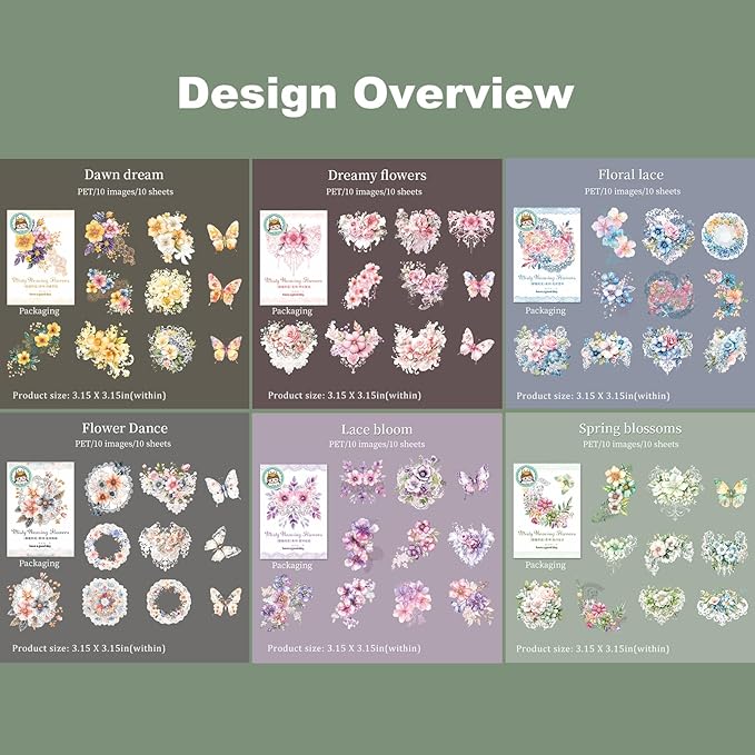 AuriicLeaf Floral PET Sticker Set, 60PCS Transparent Butterfly, Lace, and Flower Stickers for Scrapbooking, Journaling, Planners and DIY Crafts