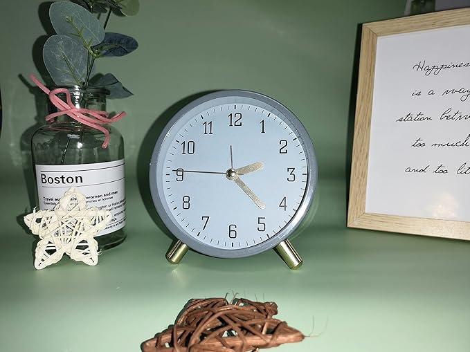 SHISEDECO Alarm Clock with Backlight, 4.5 inches Bedside Analog Non-Ticking Silent Small Deskclock with Arabic Numerals, Battery Operated Round Tableclock for Living Room, Bedroom (Grey Clock)
