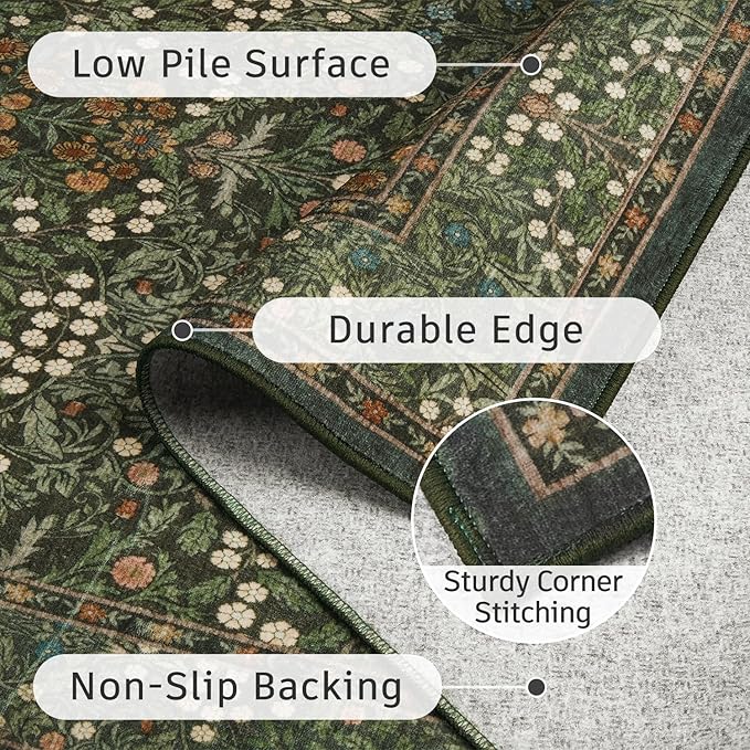 DCX Green Area Rug 9x12, Machine Washable Non Slip Stain Resistant Soft Vintage Floral Rug, for Living Room, Bedroom, Dining Room, Soft Low Pile Large Carpet