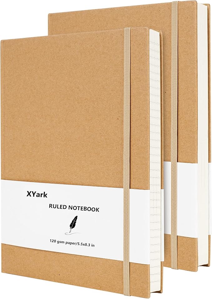 XYark A5 Line Kraft Notebook Journals Bulk, College Ruled Hardcover Writing Subject Composition Notebooks with Lined Paper, 2 Pack, 120GSM, 102 Sheets, 5.5x8.3 inch, Travel Journal Set
