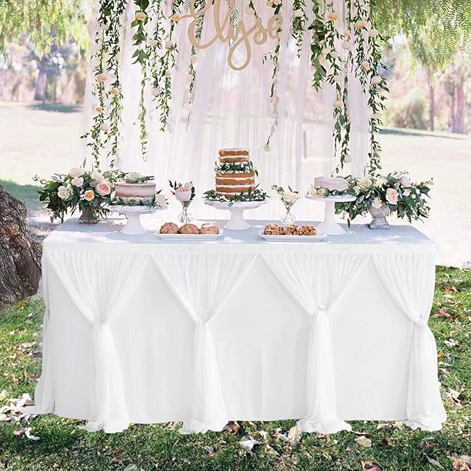 Besutolife White Tulle Table Skirt 6ft Wrinkle-Free Tutu Tablecloth for Gender Reveal, Wedding, Birthday, Reception, Banquet, Photo Booth, Party Table Decorations