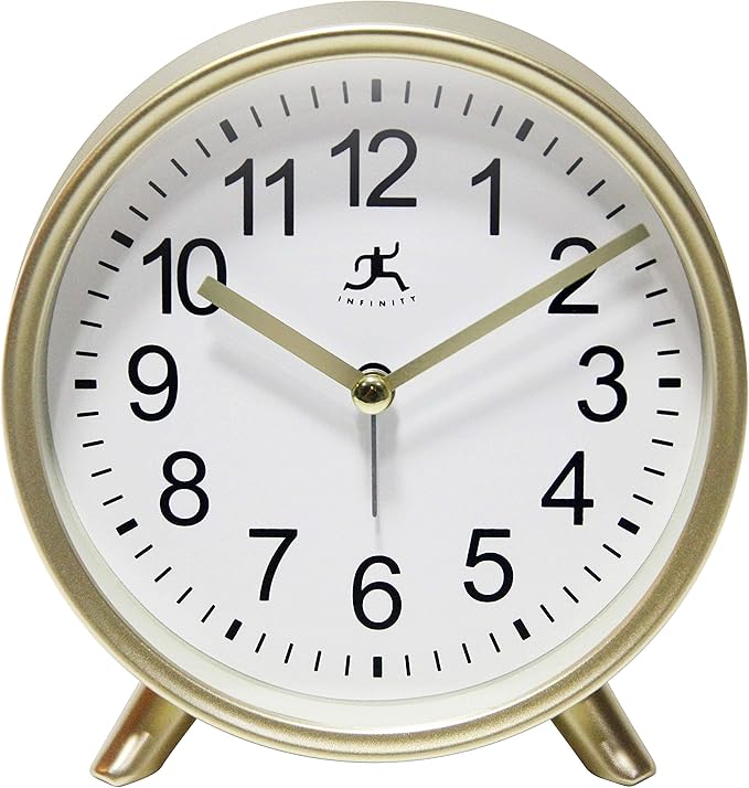 Infinity Instruments Tabletop Alarm Clock Decorative Cute 5.75 inch Face Modern Round Analog Easy-to-Read Matte Gold Small