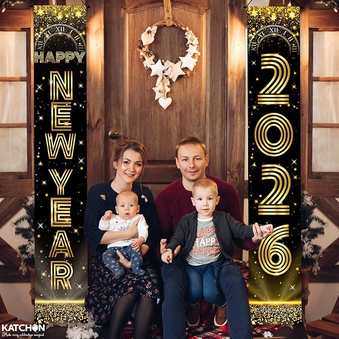 KatchOn, Large Happy New Years Door Banner 2026-72x12 Inch | Black and Gold Hanging Porch Sign | Happy New Year 2026 Banner | New Years Eve Party Supplies for Outdoor, Indoor | Home Wall Decor