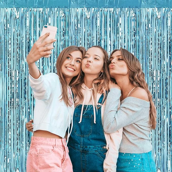 4 Pack Light Blue Foil Fringe Curtain Backdrop, 3.28Ft x 8.2Ft Metallic Tinsel Foil Fringe Streamer Curtains for Photo Booth Props, Birthday, Wedding, Christmas Decoration Party Supplies New