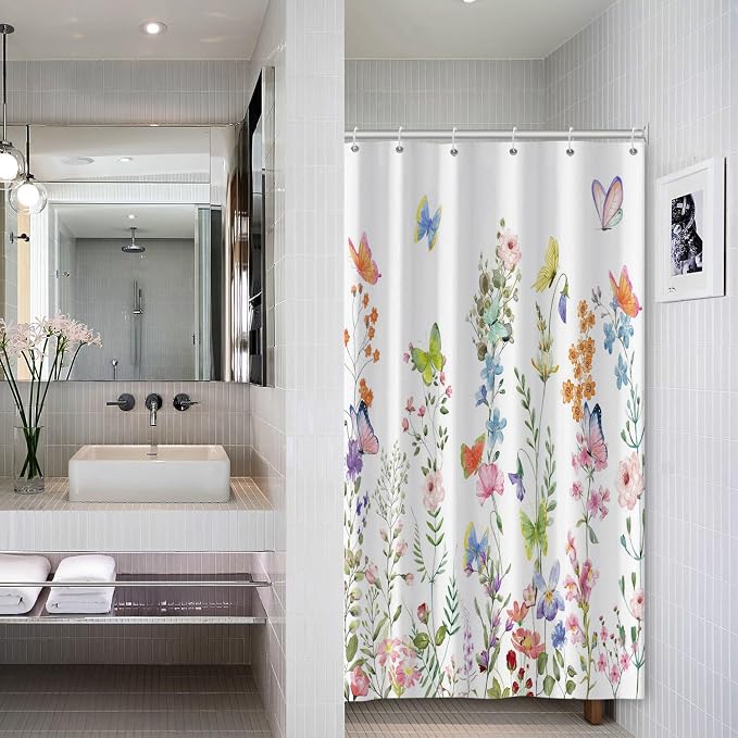 Spring Floral Butterfly Shower Curtain Summer Colorful Wildflowers Botanical Shower Curtain for Rustic Vintage Bathroom Decor Easter Shower Curtain Set 54x72 Inches