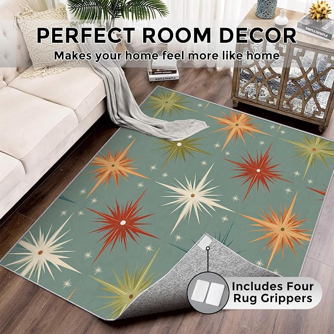 Mid Century Modern Rugs for Entryway 2x3 ft, Starburst Area Rugs for Bedroom, Washable Non Slip Low Pile Small Abstract Atomic Carpet, Indoor Door Mat, Home Decor PF-P 107