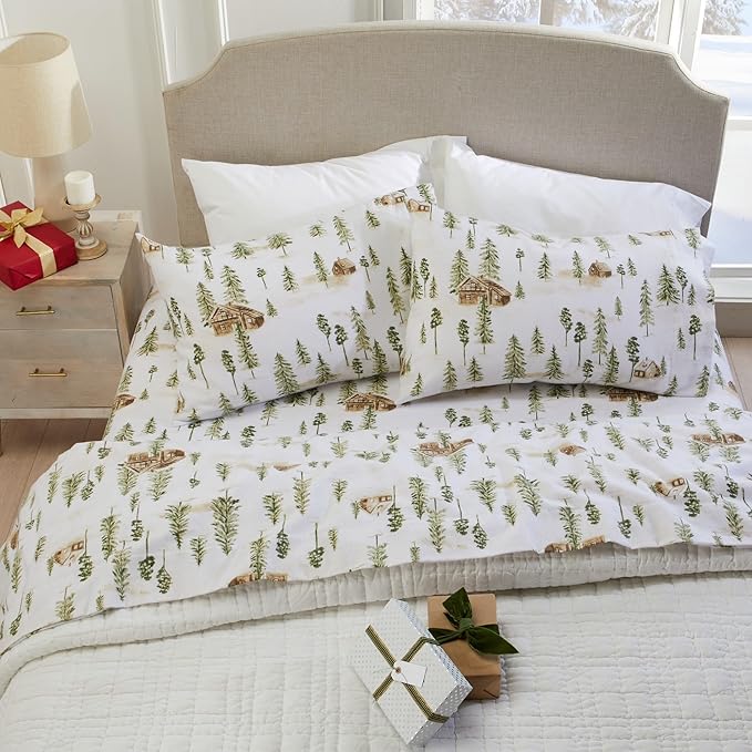 Market & Place 100% Cotton Queen Flannel Sheet Set | 4 Piece Deep Pocket Novelty Cozy Winter Bed Sheets | Double Brushed for Extra Softness & Comfort | Alpine Collection (Queen, Watercolor Forest)