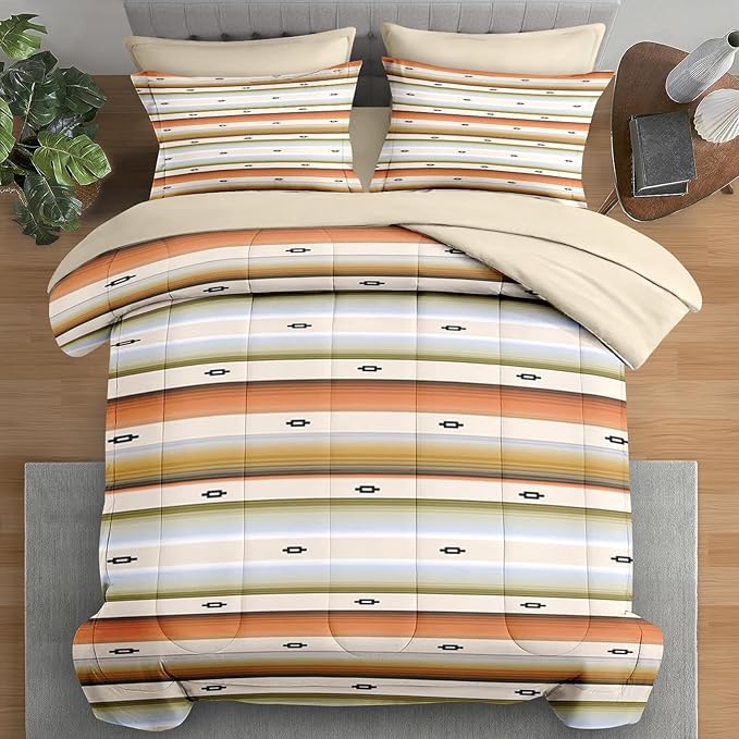 Comforter Set Full Size, Geometric Tribal Striped 7 Pcs Bedding for Kids and Adults, Boho Modern Colorful Bed Sheet Sets with Fitted Sheet 2 Pillowcase & 2 Sham for Bedroom Bed Decor
