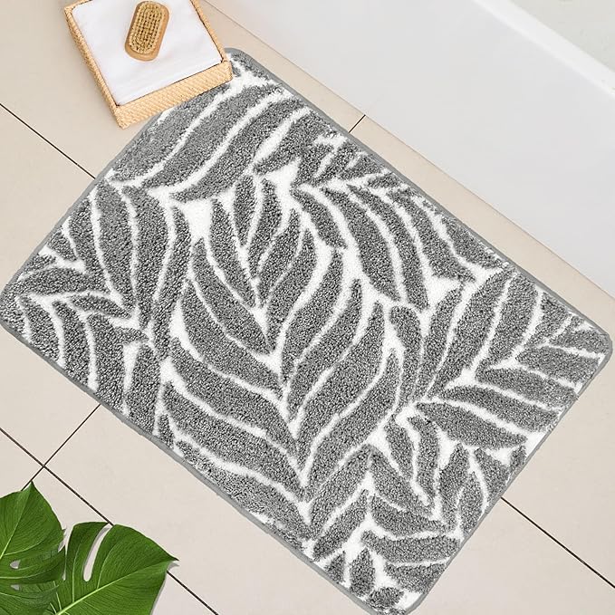 Gray Bathroom Rug - Grey Bath Mat Tropical Leaf Bath Rugs Non Slip Washable Bathrug for Bathroom Floor, Cute Bathmat Restroom Rug, Plant Absorbent Bath Mats Botanical Home Decor 20" x 32"