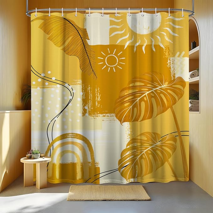 Yellow Shower Curtain Mustard Bohemian, 60x72 Inchs | Abstract Design, Mid Century Modern Pattern Theme, Bathroom Decor Sets, Waterproof Cloth Fabric, with Hooks