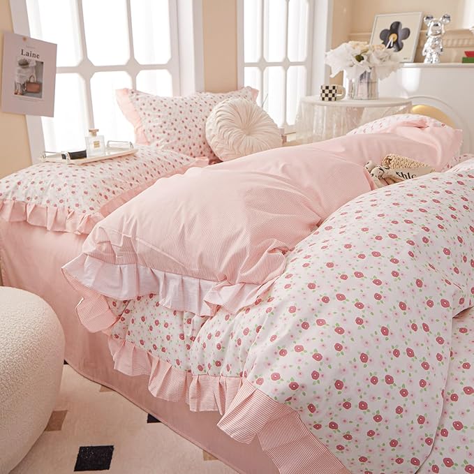 Floral Ruffe Duvet Cover King Garden Flower Print Lace Duvet Cover 100% Cotton Girls Floral Comforter Cover Reversible Pink Striped Ruffle Comforter Cover Romantic Lace Princess Bedding Set King