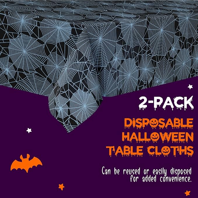 Halloween Tablecloth - 2-Pack Disposable Spider Web Plastic Table Covers, 54 x 108 Inches - Halloween Party Decorations