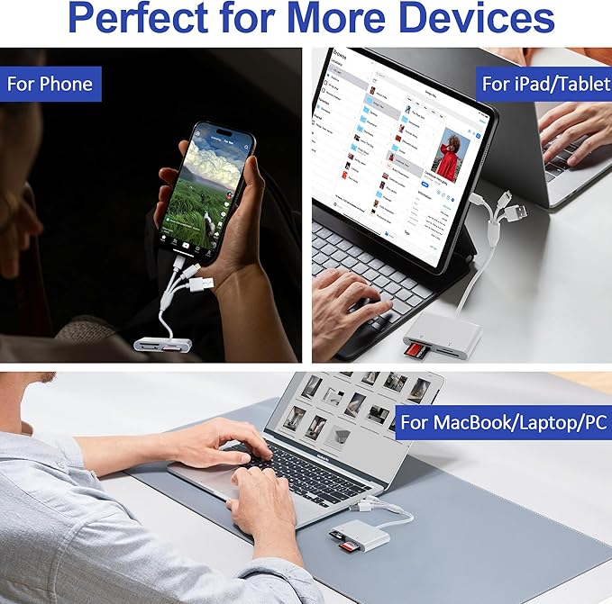 Memory Stick Pro Duo Adapter, 4 in 1 Memory Card Reader, SD/XD/MS/TF Multi Card Reader with Lightning/USB-C/USB-A, Memory Stick Pro Duo Reader for iPhone, iPad, Android, PC, Camera