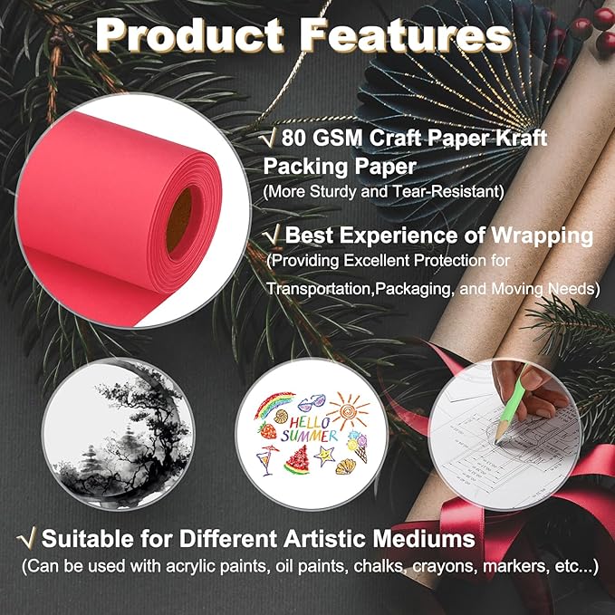 PATIKIL Wrapping Paper, 12"x1200"(100') Bulletin Board Paper Roll Kraft Paper Roll Construction 80GSM for Shipping Packing Gift Wrapping Craft Flower Bouquet Christmas, Red