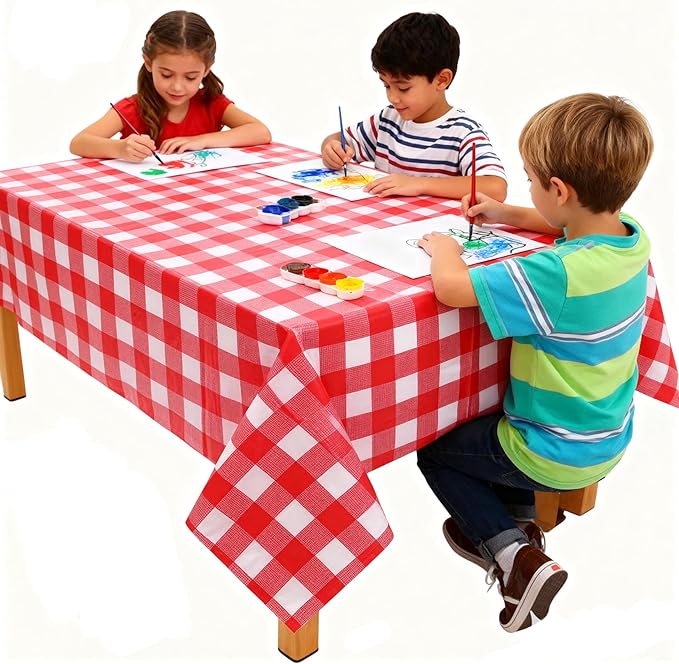3 Packs Red and White Checkered Tablecloth 54x108 Inches Rectangle Gingham Tablecloth Disposable Plastic Waterproof Table Cover for Outdoor Picnic Kitchen and Birthday Party