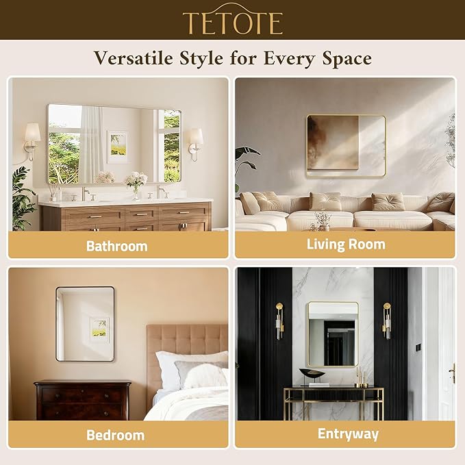 TETOTE Gold Framed Mirror for Bathroom, 22 x 30 Inch Vanity Mirror for Wall, Brushed Brass Rectangle Round Corner Entry Way Golden Frame Mirror 2 Inch Thick Frame(Horizontal/Vertical)