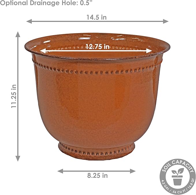 Sunnydaze Michael 14.5" Metal Outdoor Plant Pot Set with Drainage Holes and Rubber Plugs - Chestnut Glaze - Set of 2