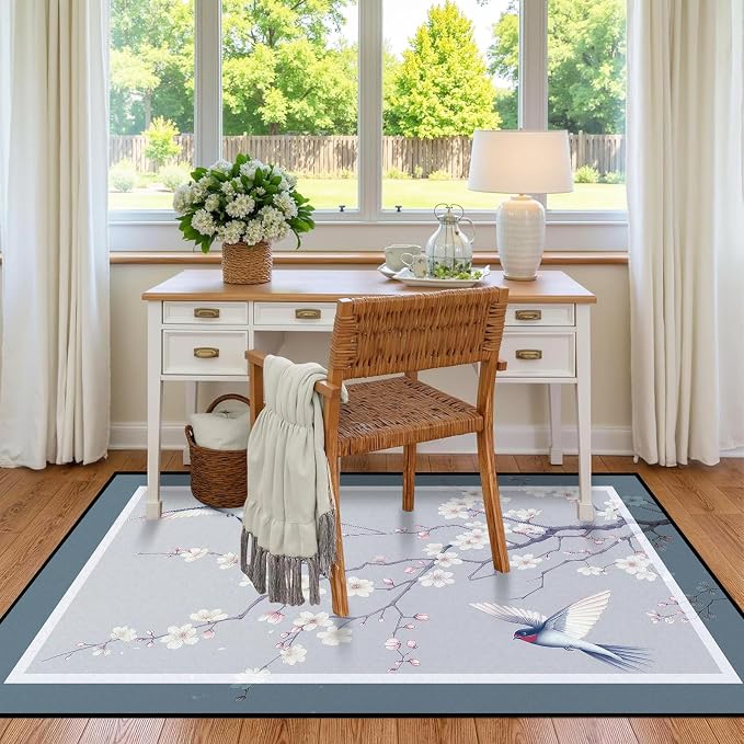 Cherry Blossom Area Rug 3D Swallow Sakura Floral Rugs for Entryway Bedroom Living Room Kitchen Home Decor Soft Non Slip Indoor Carpet Washable Low Pile Floor Mat,2'x3'