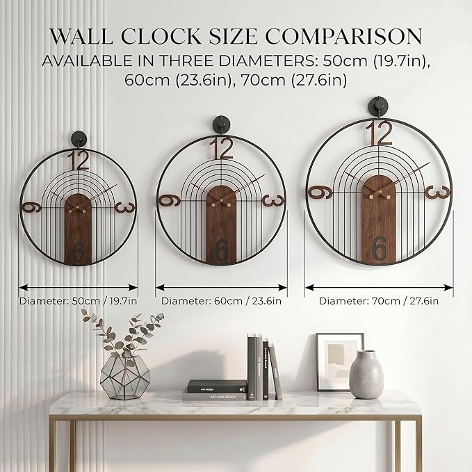 Modern Large Walnut Dial Wall Clock, Wood Metal Frame Silent Non Ticking Wall Clocks Decoration for Living Room, Bedroom, Kitchen, Study, Handmade Home Decor Present Idea, 22 Inch