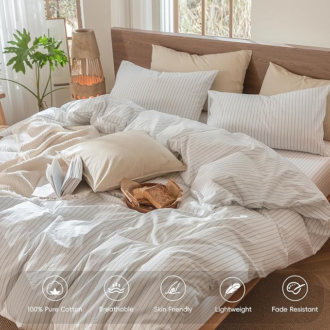 MooMee Striped Duvet Cover Set 100% Washed Cotton Linen Like Textured Breathable Durable Soft Comfy (White Cornflower Blue Wide Stripes, Oversized Queen 98"x98")