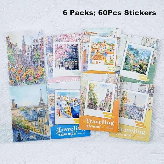 AuriicLeaf Travel Scenery PET Sticker Set, 60PCS Large Landscape Scrapbook Supplies for Journaling, DIY Crafts and Planner
