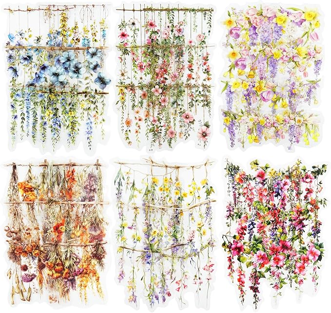 AuriicLeaf Hanging Floral PET Stickers Set, 60PCS Botanical Flower Stickers for Scrapbooking, Journaling, DIY Crafts, and Art Supplies