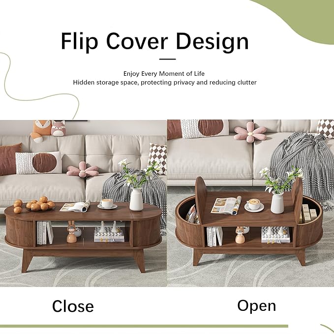 Coffee Table with Storage,Mid Century Modern Coffee Tables with 2 Flip-Top Hidden Lids,Fluted Coffee Table,Wood Center Tables for Living Room Home Office (Walnut Color)