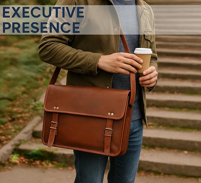 RUSTIC TOWN Leather Messenger Bag for Men Women - Full Grain Leather Laptop Satchel Office Shoulder Bag