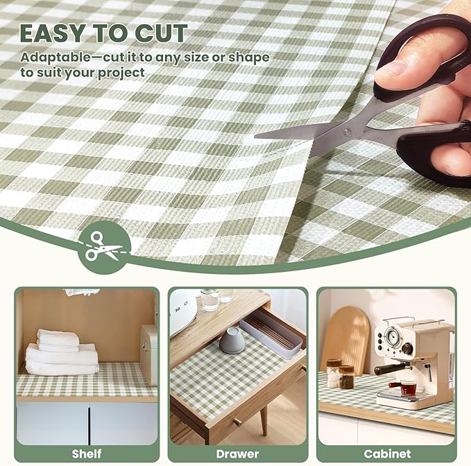 Drawer Liner and Shelf Liner for Kitchen Cabinet Liner Non-Adhesive Non-Slip Shelf Paper, Thick Strong Grip Waterproof Easy to Clean for Shelves, Cupboard, Desks, Green Plaid Pattern, 17.5 in x 30 FT