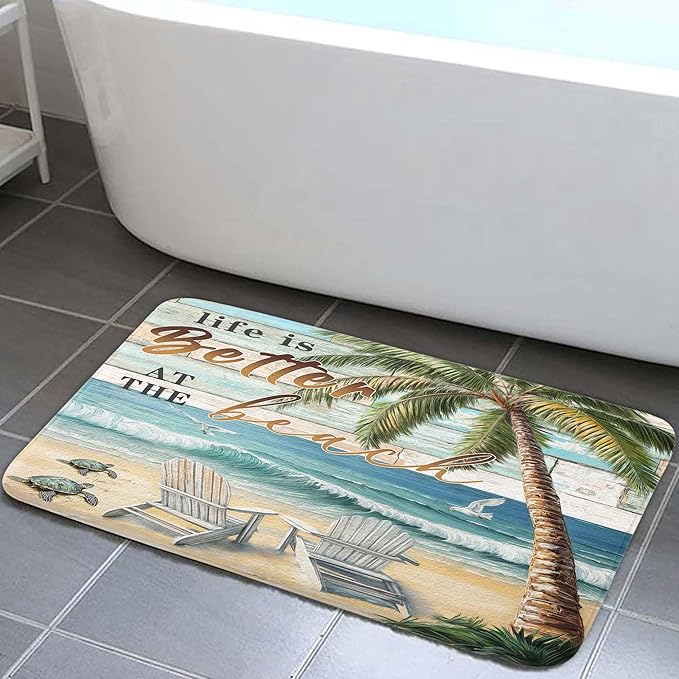 Beach Sea Turtle Seagull Palm Tree Ocean Bathroom Rugs Mat, Non Slip Rustic Beach Bath Rugs for Bathroom, Durable Rustic Wooden Flannel Mat Rug, Absorbent Water Mats for Laundry Room Kitchen,16X24