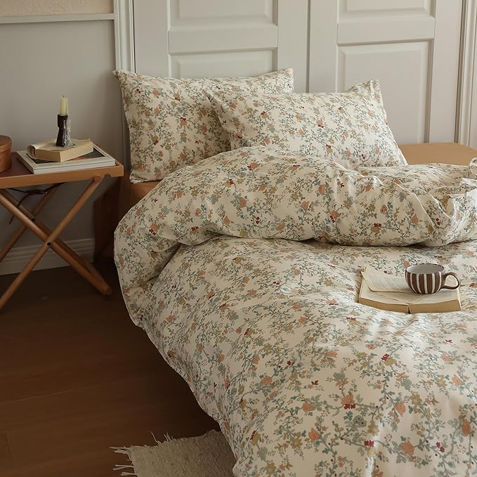 LifeTB Vintage Garden Floral Duvet Cover Queen 3 Pieces Soft Cotton Girls Cottagecore Bedding Set Botanical Flower Comforter Cover with Zipper Closure Floral Branches Vintage Country Bedding
