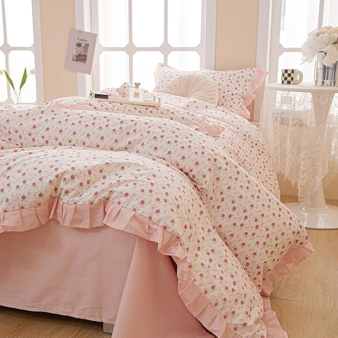 Floral Ruffe Duvet Cover King Garden Flower Print Lace Duvet Cover 100% Cotton Girls Floral Comforter Cover Reversible Pink Striped Ruffle Comforter Cover Romantic Lace Princess Bedding Set King