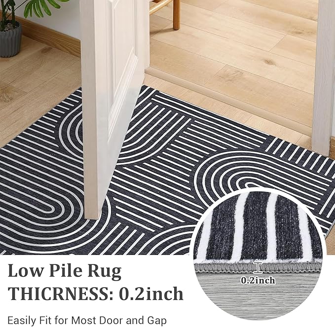 Washable Boho 9x12 Large Area Rug Modern Abstract Black White Rugs Non Shedding Soft Bedroom Carpet Ultra-Thin Low Pile Living Room Floor Mat Non Slip Modern Carpet for Playroom Dining Room, Black