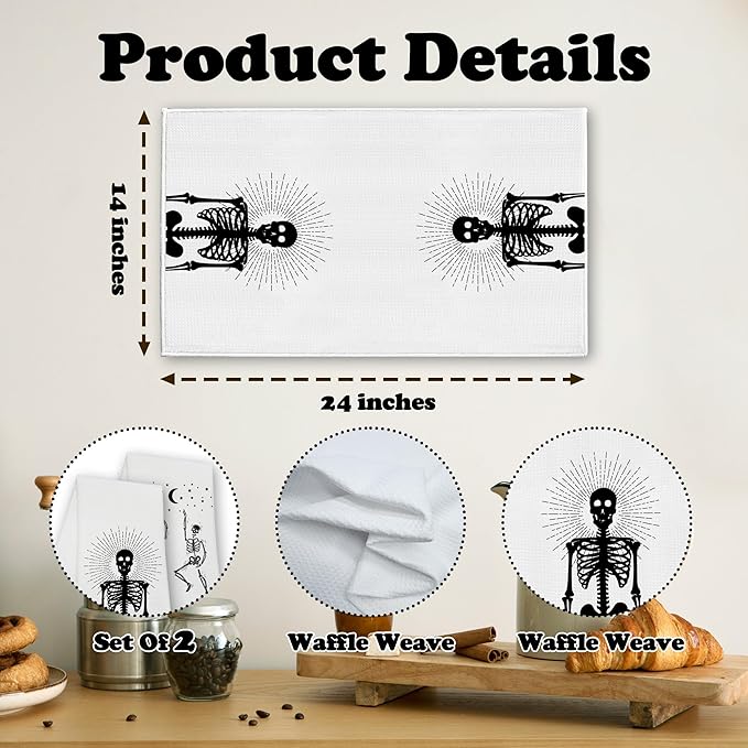 Funny Skull Kitchen Towels, Goth Skeleton Hand Towels for Bathroom, Housewarming Gifts for Women Friends Skull Lovers, Farmhouse Home Tea Towel Halloween Decorations, Set of 2-10