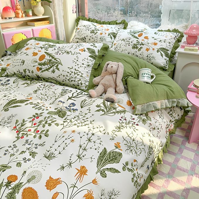 Romantic Floral Ruffle Duvet Cover Full 3 Pieces Botanical Duvet Cover Girls Flower Bedding Set 100% Cotton Vintage Floral Green Lace Bedding Flower Cottagecore Comforter Cover with 2 Pillowcases