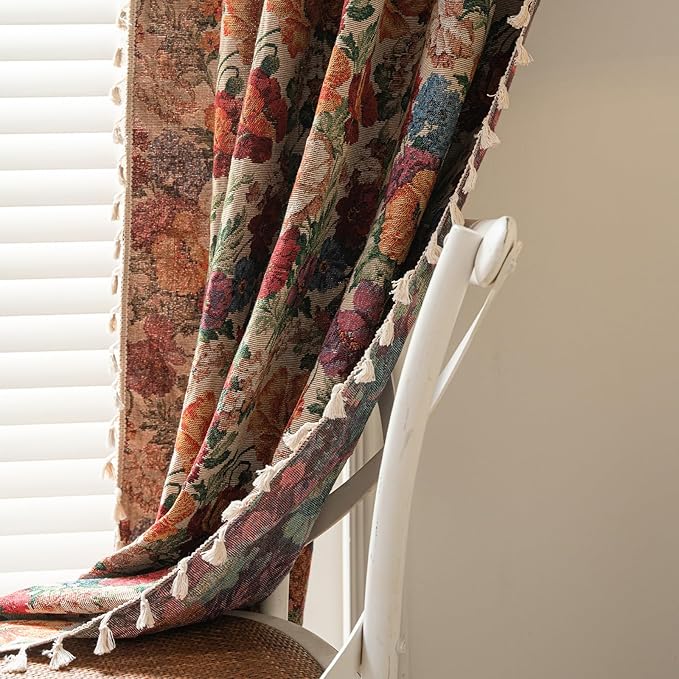 ENJOYBRIDAL Floral 96 Inch Curtains Semi Sheer Long Drapes Bedroom Rod Pocket Jacquard 2 Panels Window Curtains Farmhouse Boho Tassel Patterned Living Room Botanical Window Treatments