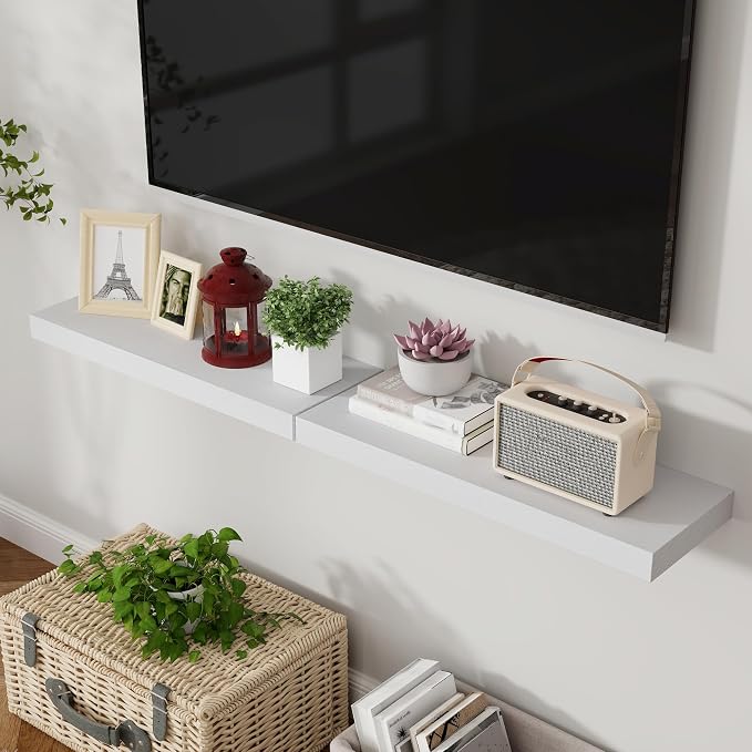 Axeman Floating Shelves, 8 Inch Deep Rustic Solid Wood Wall Shelves for Storage, Wall Mounted Display Shelving with Invisible Heavy-Duty Metal Bracket, 36" W x 8" D x 1.6" H, Distressed White