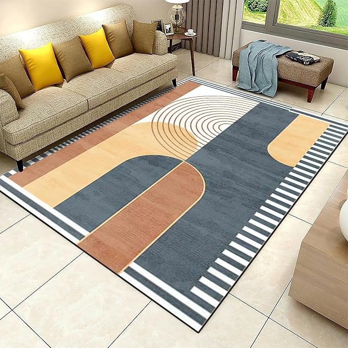 Vintage Modern Mid Century Area Rug, Abstract Geometric Irregular Stripes Non Slip Bedroom Rugs, Breathable Durable Carpet for Indoor Study Living Room Office Decor Rug - 4 ft x 6 ft