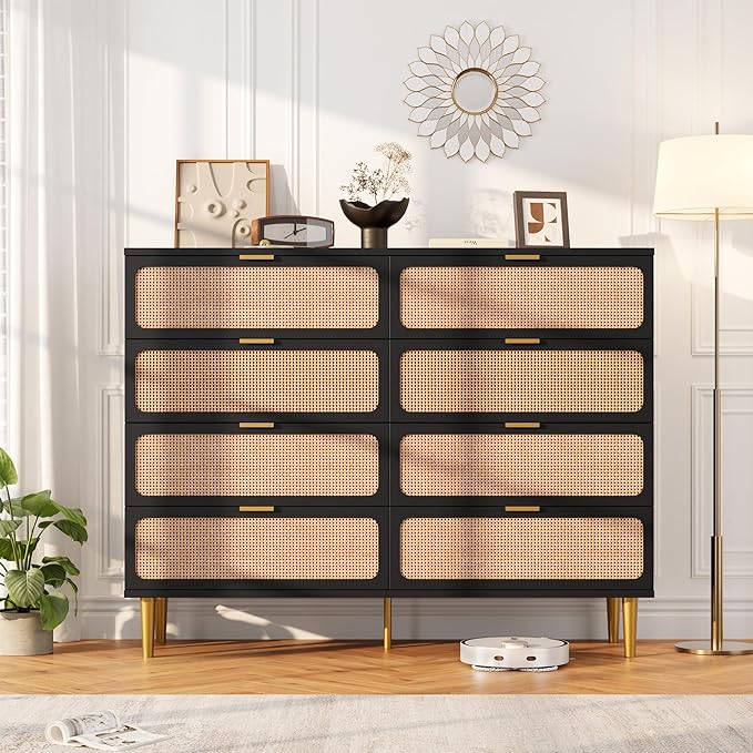 Garvee Rattan Dresser with 8 Drawers, Tall Modern Closet with Deep Storage, Large Chest of Drawers with Wide Top, Long Wooden Dresser for Bedroom, Living Room, Hallway, Kids Room, Black