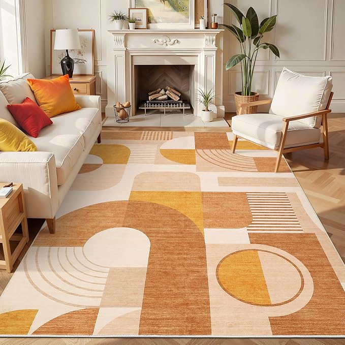 CAROMIO 8x10 Living Room Rugs Washable, Boho Geometric Large Area Rug for Bedroom Dining Room Soft Low Pile Non-Slip Indoor Rugs for Playroom Dorm Girls, Orange Multi, 8'x10'