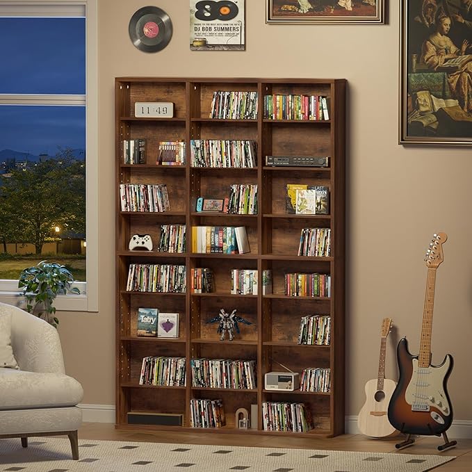 LELELINKY 8 Tier Tall Display Cabinet, Brown Media Storage Cabinet with Adjustable Shelves, Free Standing DVD Organizer Shelf, Floor Multimedia Storage Manga Bookshelf for Living Room & Home Office.