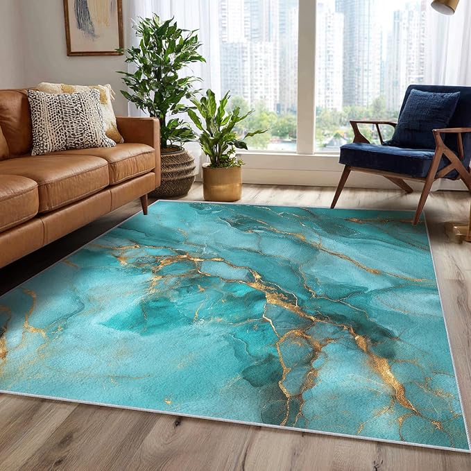 Turquoise Marble Abstract Area Rug, Blue Gold Pattern Carpet, Washable Non Slip Low Pile Soft Thin, Living Room Bedroom Home Decor Mat 4x6ft