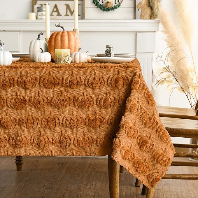Horaldaily Fall Tablecloth 60x84 Inch Rectangular, Caramel Soft Plush Faux Fur Pumpkin Table Cover, Thanksgiving Autumn Harvest Dining Table Decoration for Home Party Dinner
