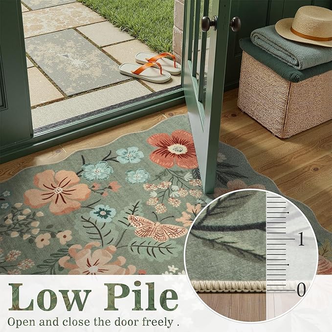 DCX Vintage Floral Rug 2x3, Washable Sage Green Rug for Living Room, Kid & Pet Friendly with Rubber Back Non Slip, Soft Low Pile Carpet, Stain Resistant Rug for Kitchen, Bedroom, Laundry, Bathroom